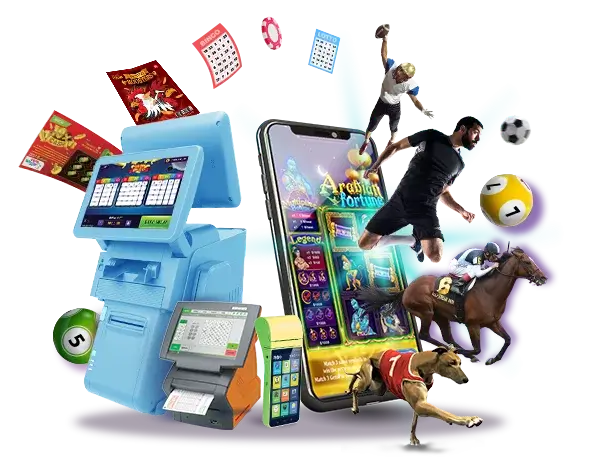 Group of POS lottery machines and mobile devices with a few lottery tickets flying and a man riding a racing horse